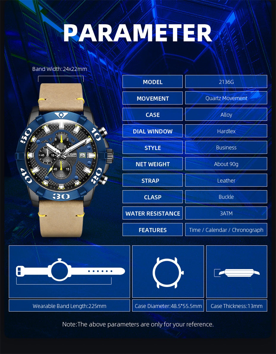 MEGIR Men Watches Fashion Luxury Big Dial Sports Watches Waterproof Quartz Wristwatch Chronograph Man Casual Luminous Clock 2136