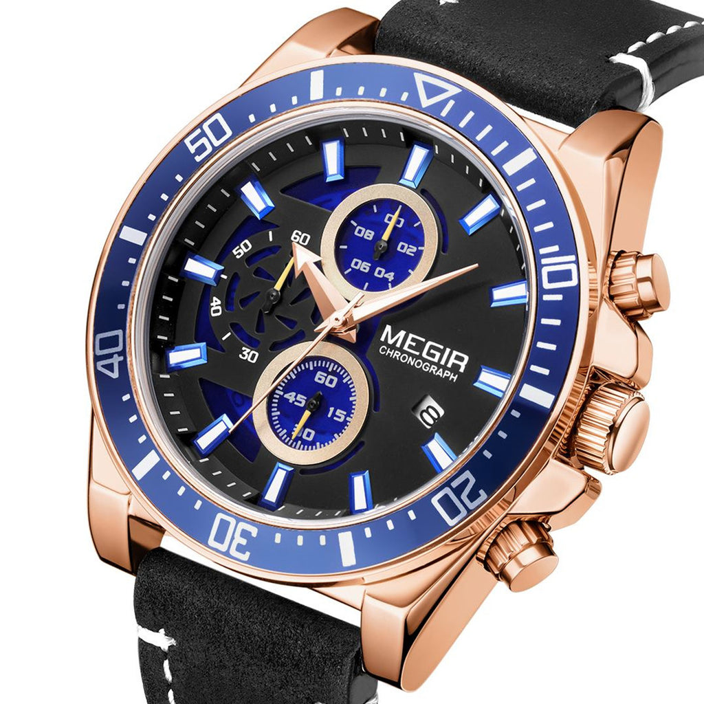 MEGIR Fashion Watches for Men Leather Strap Sport Military Wristwatch Man Quartz Watch Waterproof Chronograph with Calendar 2132