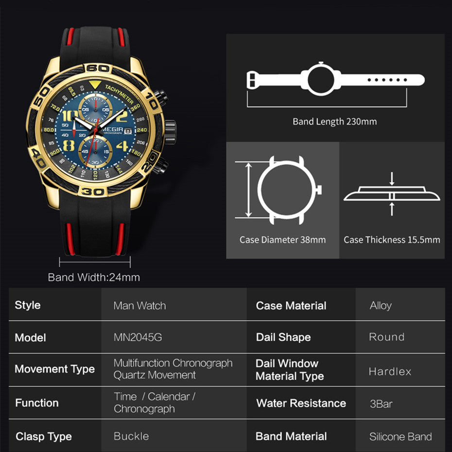 MEGIR Fashion Sports Watches for Men Luxury Quartz Casual Wristwatch Silicone Strap Man Chronograph Clock Relogio Masculino 2045