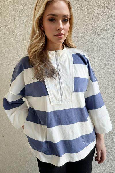Oh Pima Cotton Wash Striped Half Zip Mock Neck Top
