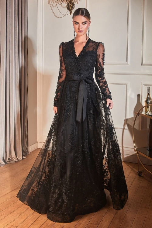 A-Line Long Sleeves Embroidered Lace V-Neck Long Mother Of The Bride Dress CDCD233C