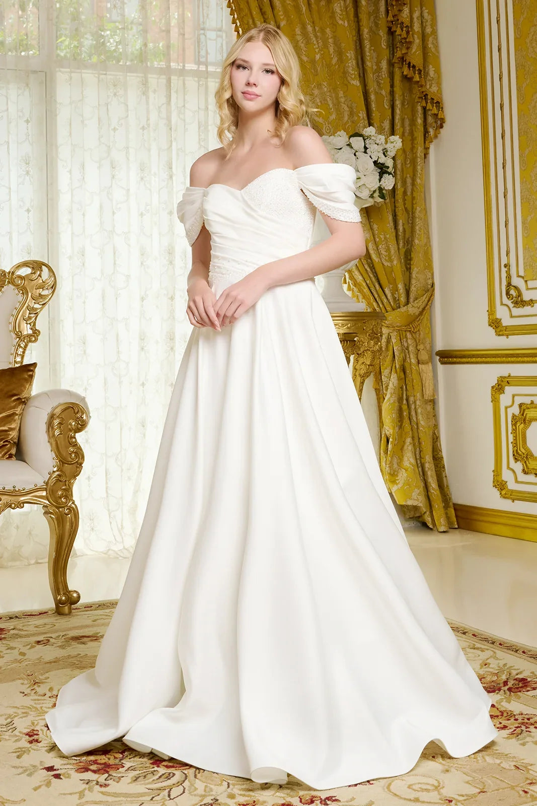Cross over pleated embellished bodice pleated shoulder straps w beads satin wedding gown GLGL3655