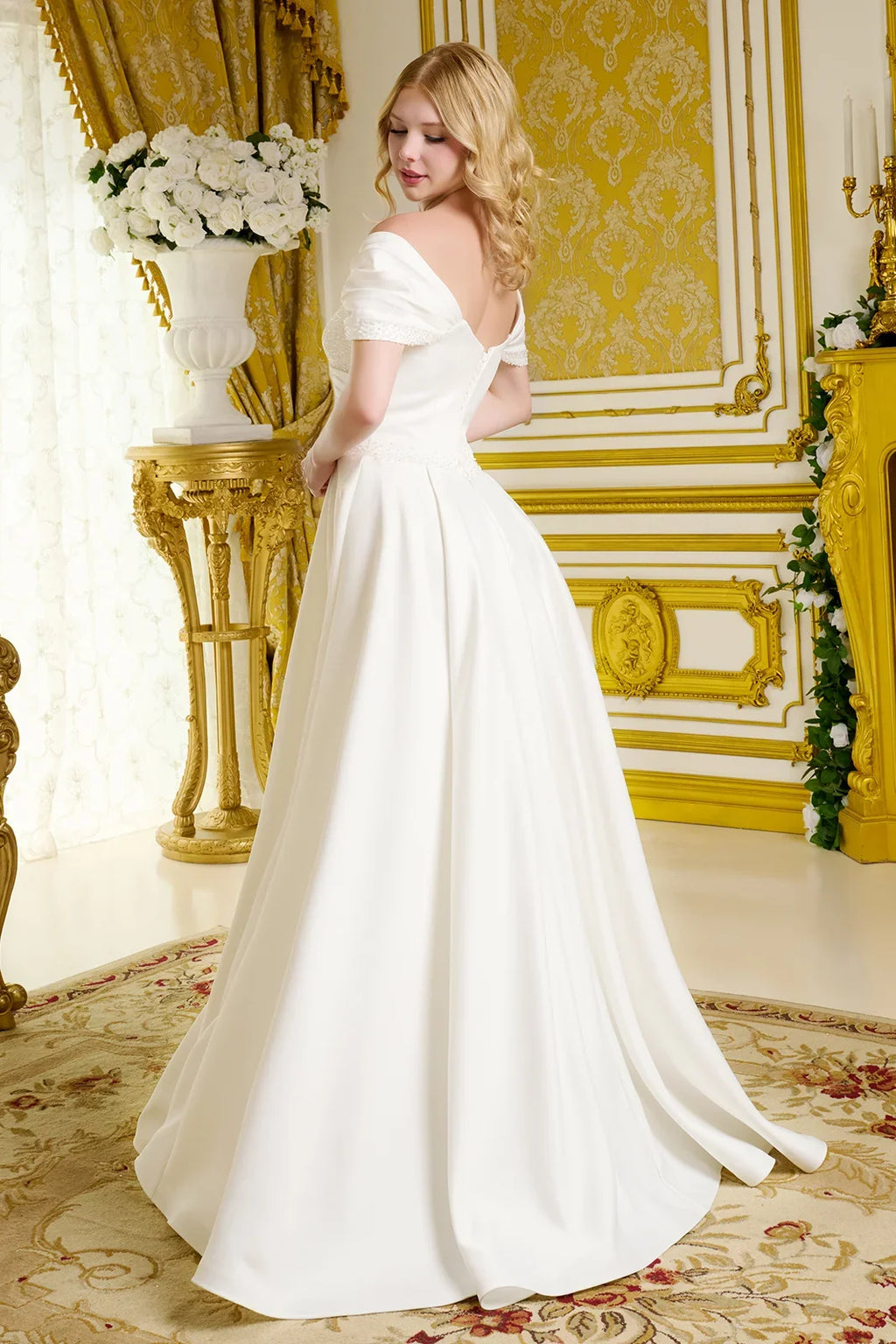 Cross over pleated embellished bodice pleated shoulder straps w beads satin wedding gown GLGL3655