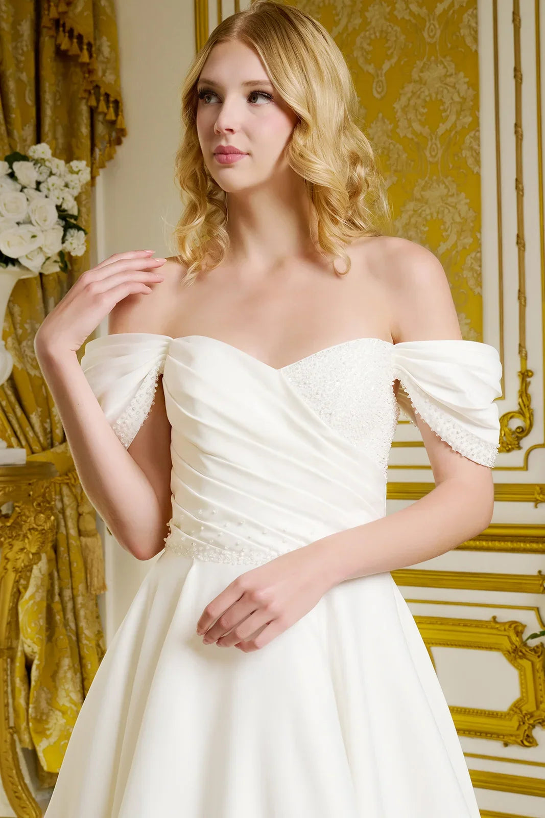 Cross over pleated embellished bodice pleated shoulder straps w beads satin wedding gown GLGL3655